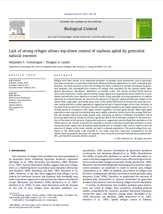 Lack of strong refuges allows top-down control of soybean aphid by generalist natural enemies